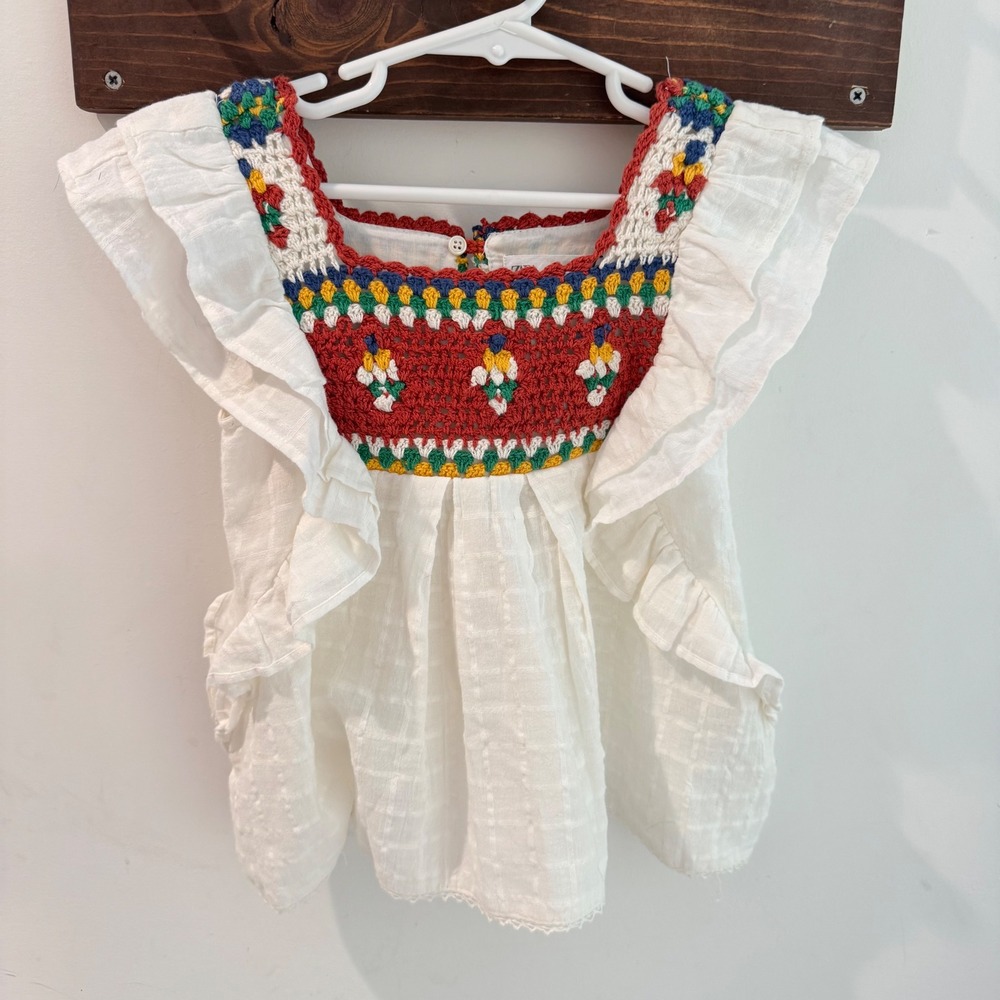 Zara Kids Girls White Crochet Yoke Ruffle Blouse Top Size 5 110cm 1381/603/251